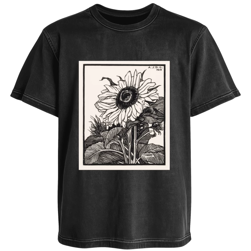 Polera Girasol de Julie de Graag (1919) — Arte floral vintage en blanco y negro, xilografía botánica, flores y naturaleza