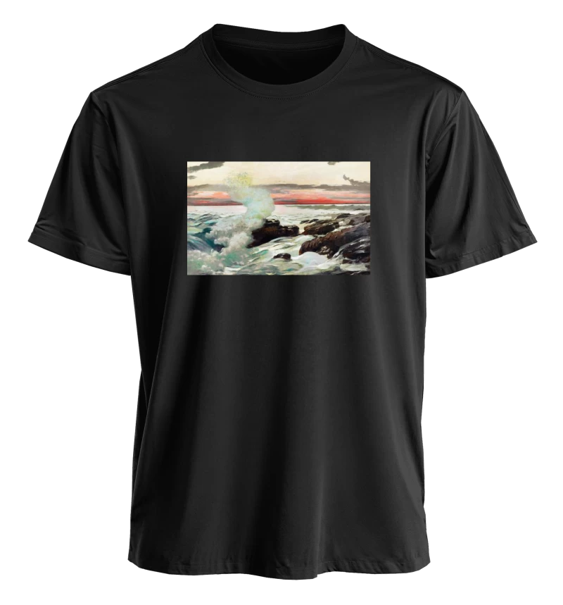 Polera Ola rompiendo al atardecer, Winslow Homer (1900) — Arte marino vintage, olas y costa, pintura del mar y el atardece
