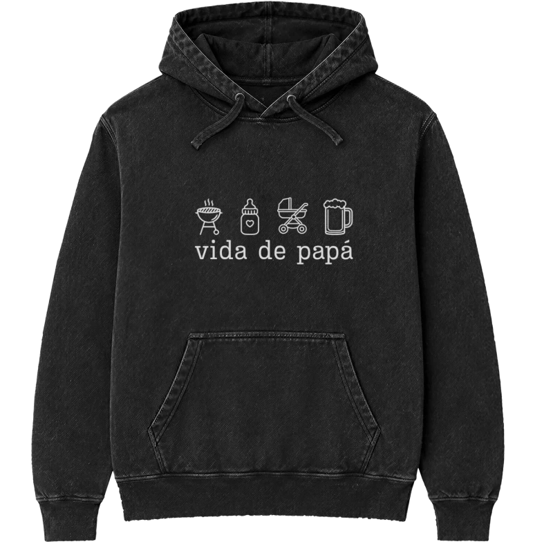 Polerón Vida de papá — Regalo divertido para papás de verdad con íconos, parrilla, mamadera y cerveza, Día del Padre y cumpleaños