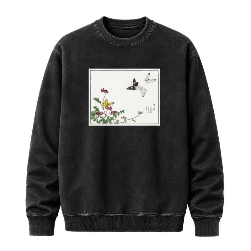 Polerón Cuatro mariposas de Morimoto Toko (1910) — Arte japonés vintage con flores y mariposas, ilustración vintage con flores, delicada y minimalista