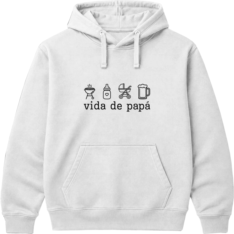 Polerón Vida de papá — Regalo divertido para papás de verdad con íconos, parrilla, mamadera y cerveza, Día del Padre y cumpleaños