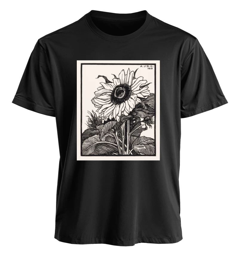 Polera Girasol de Julie de Graag (1919) — Arte floral vintage en blanco y negro, xilografía botánica, flores y naturaleza