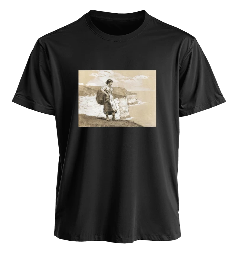 Polera Muchacha con canasto de Winslow Homer (1882) — Arte vintage del mar, acuarela costera, arte clásico americano en tonos tierra