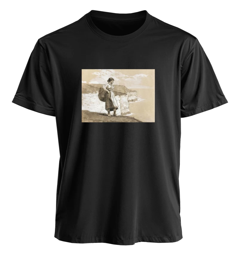 Polera Muchacha con canasto de Winslow Homer (1882) — Arte vintage del mar, acuarela costera, arte clásico americano en tonos tierra