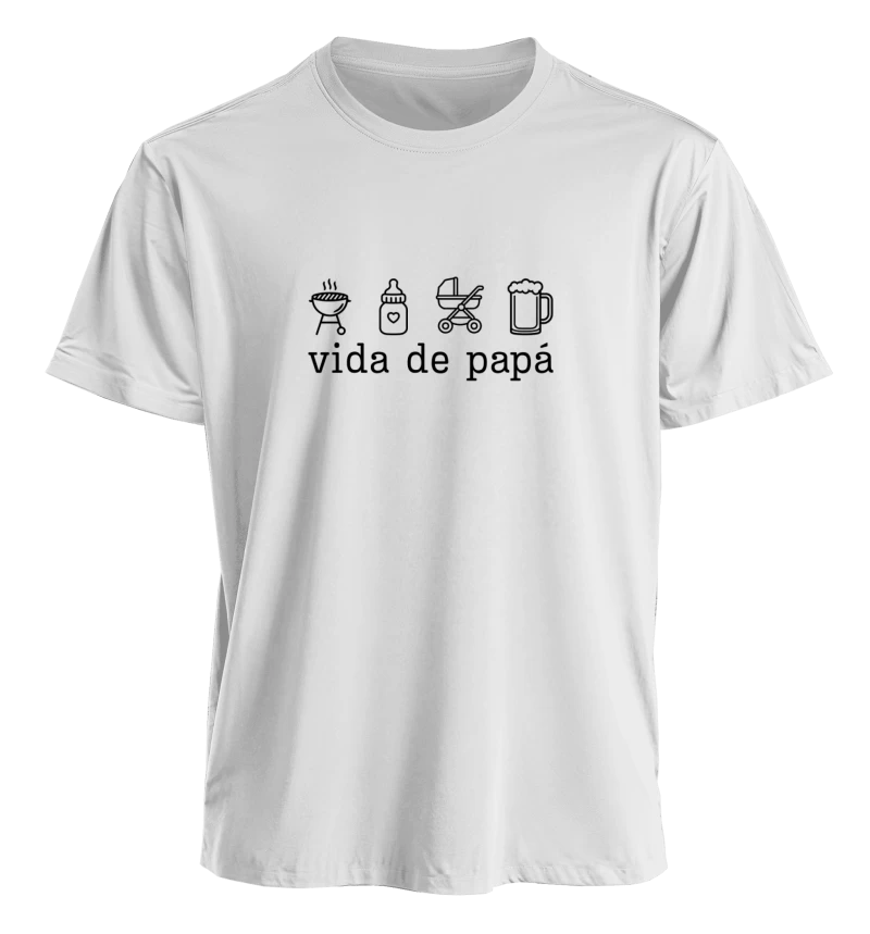 Polera Vida de papá — Regalo divertido para papás de verdad con íconos, parrilla, mamadera y cerveza, Día del Padre y cumpleaños