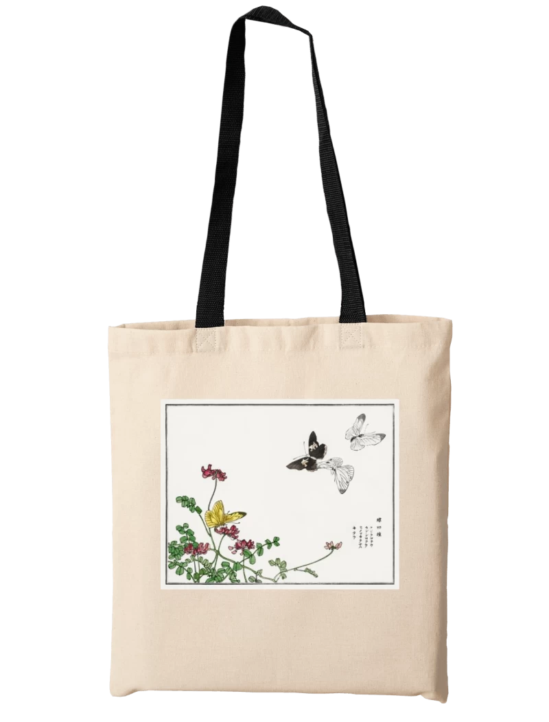 Totebag Cuatro mariposas de Morimoto Toko (1910) — Arte japonés vintage con flores y mariposas, ilustración vintage con flores, delicada y minimalista