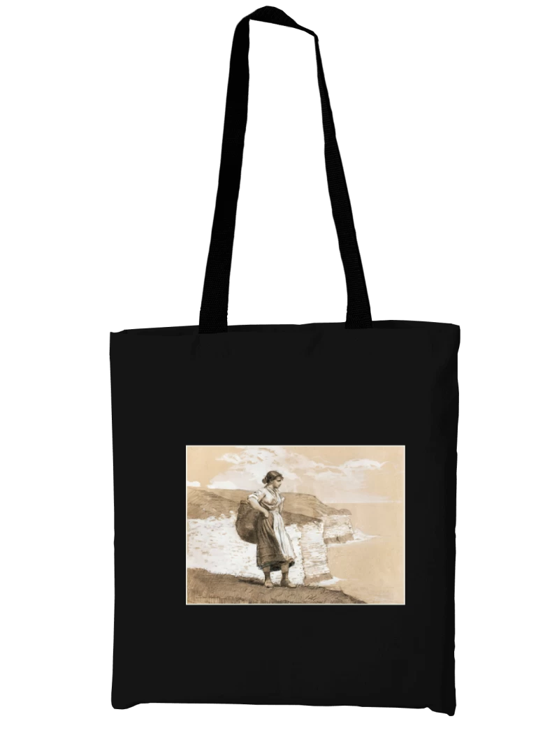 Totebag Muchacha con canasto de Winslow Homer (1882) — Arte vintage del mar, acuarela costera, arte clásico americano en tonos tierra