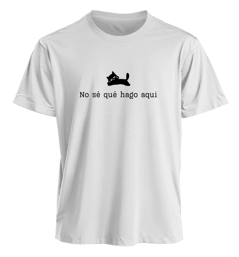 Polera No sé qué hago aquí — Regalo divertido con gato, humor y existencialismo para amigos, original, amigo secreto y cumpleaños