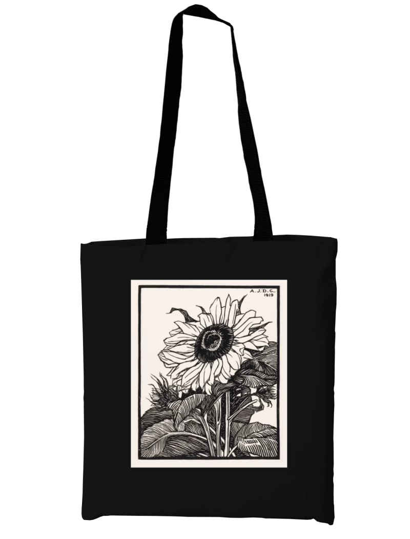 Totebag Girasol de Julie de Graag (1919) — Arte floral vintage en blanco y negro, xilografía botánica, flores y naturaleza