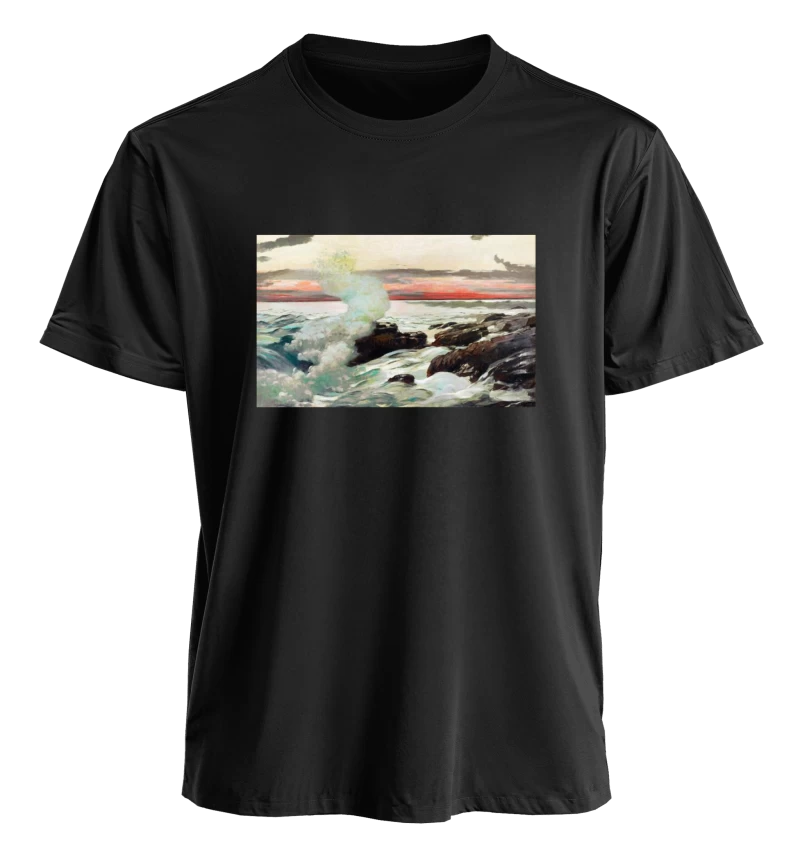 Polera Ola rompiendo al atardecer, Winslow Homer (1900) — Arte marino vintage, olas y costa, pintura del mar y el atardece