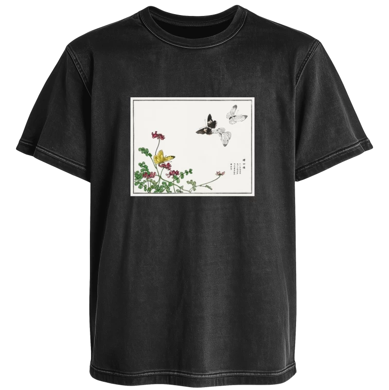 Polera Cuatro mariposas de Morimoto Toko (1910) — Arte japonés vintage con flores y mariposas, ilustración vintage con flores, delicada y minimalista