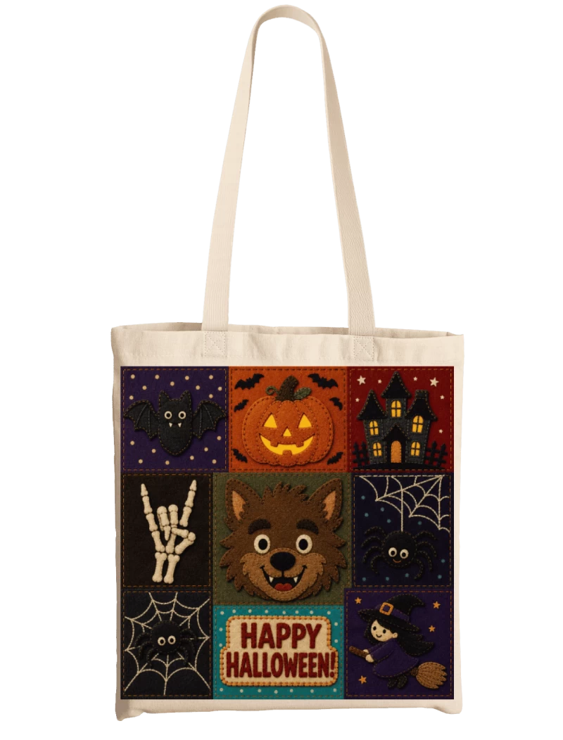 Totebag Imitación Patchwork Lobo Happy Halloween