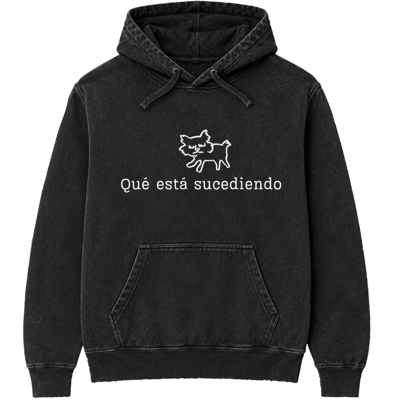 Polerón Qué está sucediendo — Regalo divertido con perrito, humor confundido para amigos, amigo secreto y cumpleaños