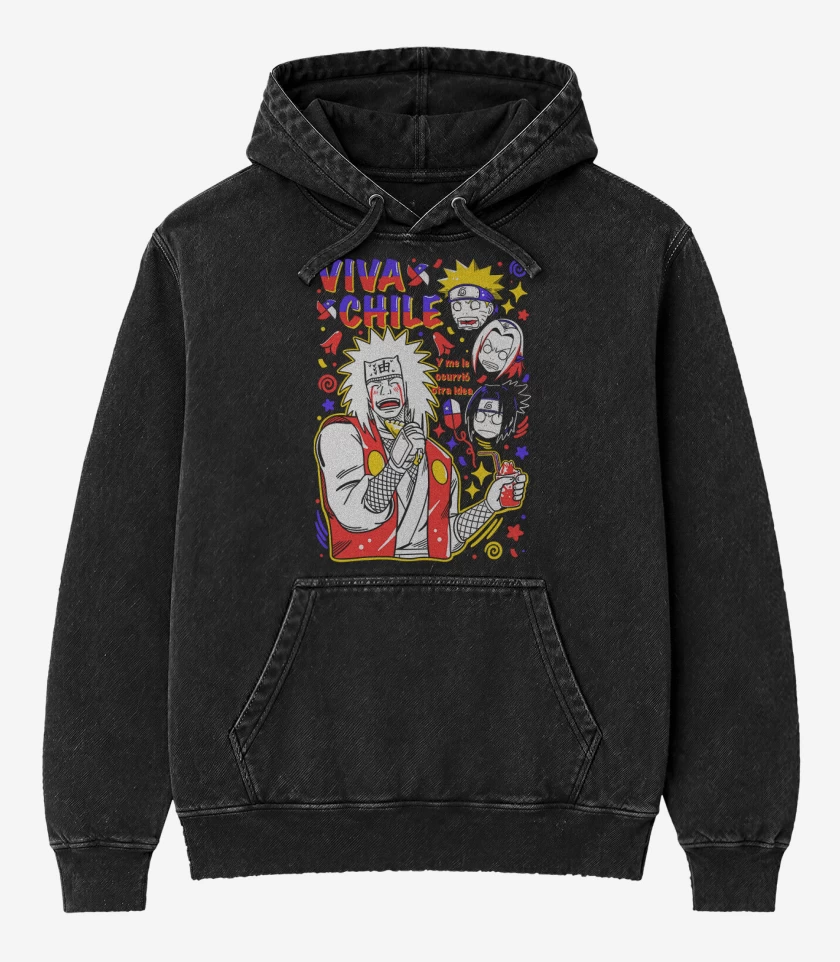 Poleron Canguro Acid Wash Negro de Jiraiya viva chile 2