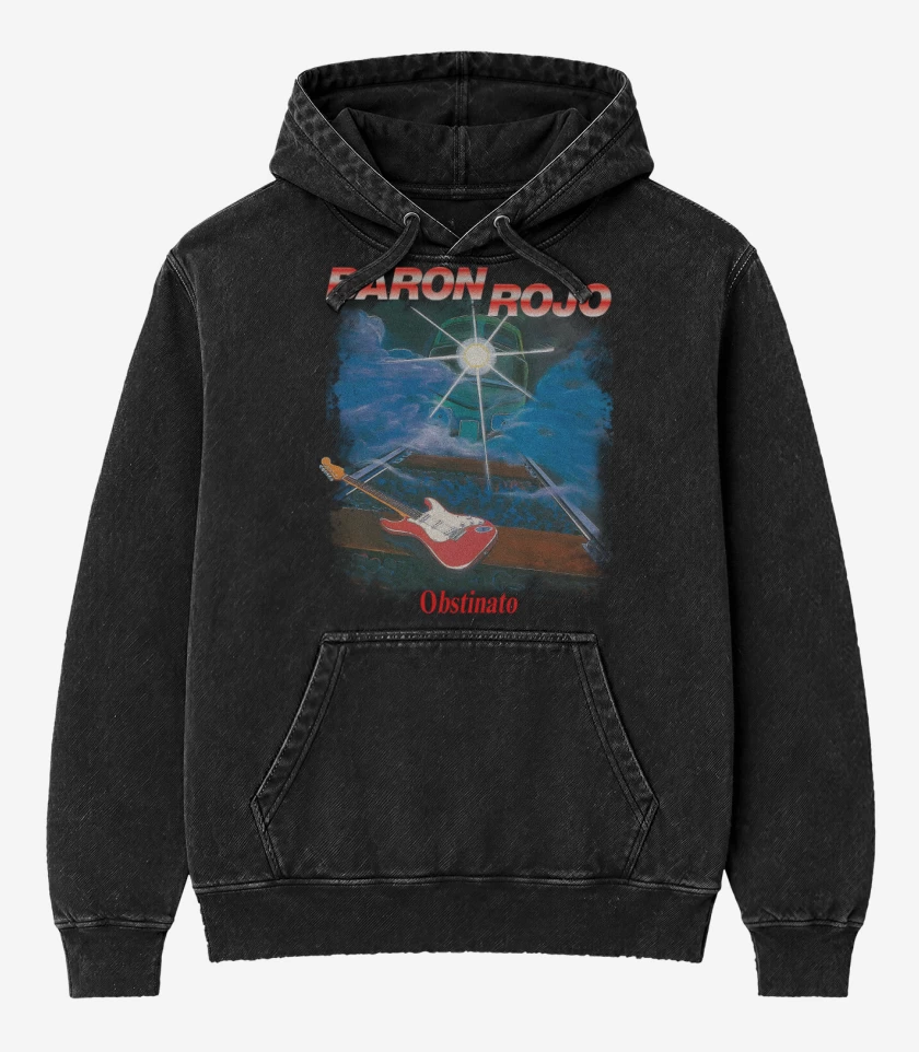 Poleron Canguro Acid Wash Negro de Baron Rojo Obstinato