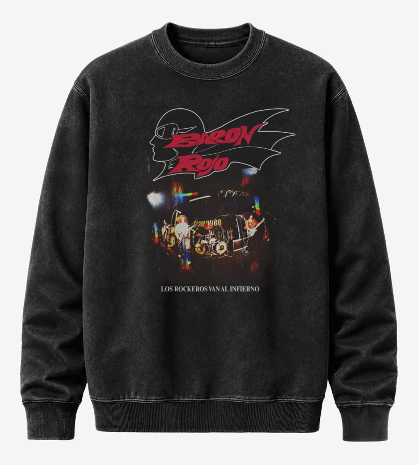 Poleron Polo Acid Wash Negro de Baron Rojo Los Rockeros van al Infierno