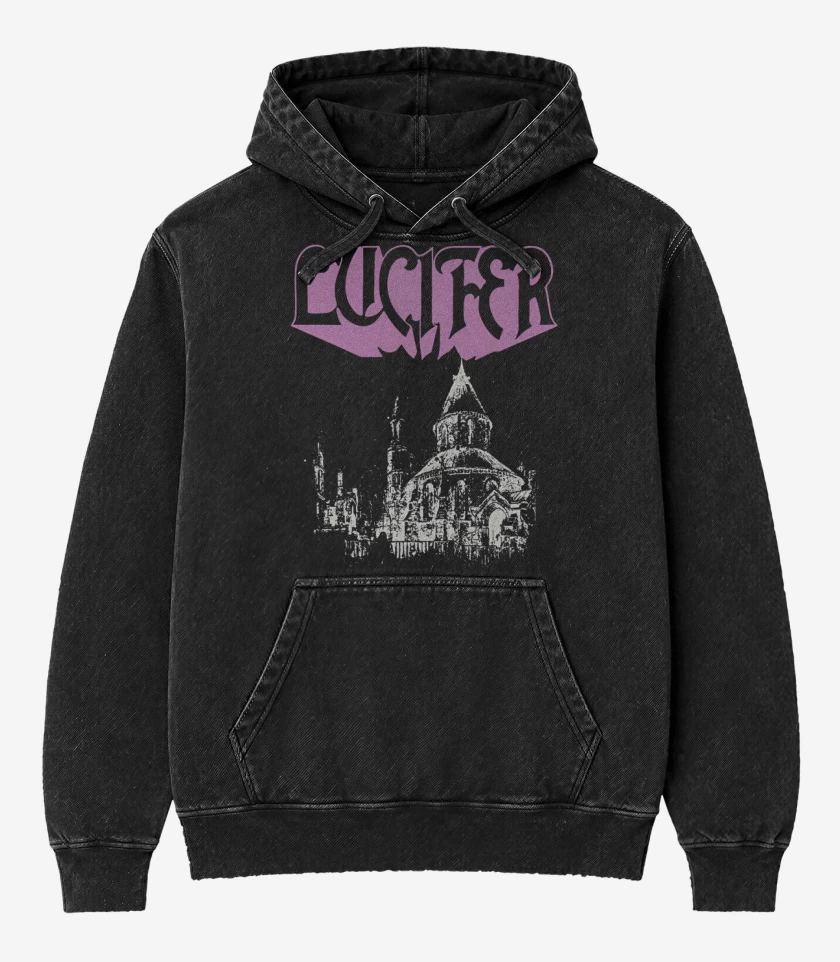 Poleron Canguro Acid Wash Negro de Lucifer Church