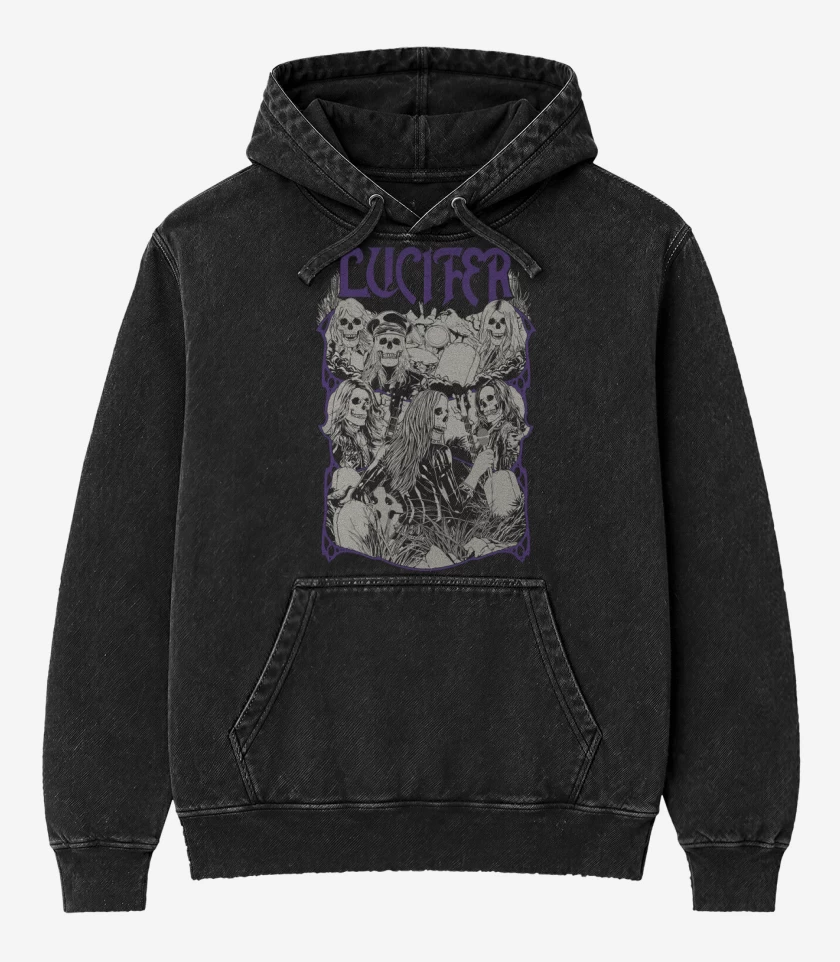 Poleron Canguro Acid Wash Negro de Lucifer Undead