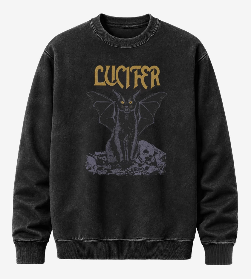 Poleron Polo Acid Wash Negro de Lucifer Black Cat