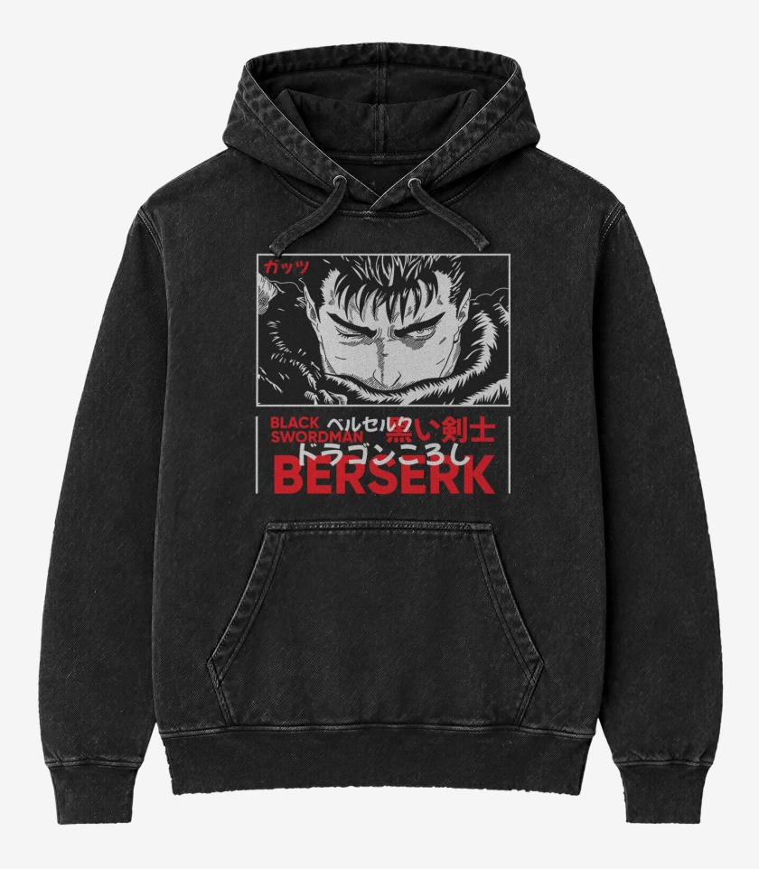 Poleron Canguro Acid Wash Negro de Black swordman Berserk