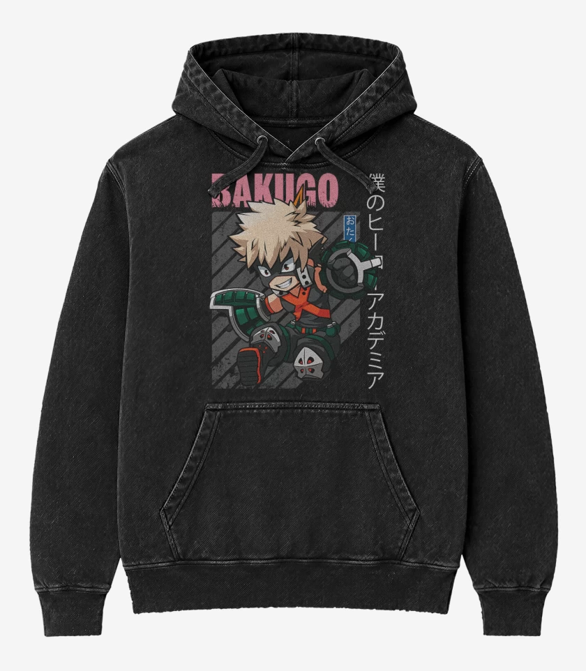 Poleron Canguro Acid Wash Negro de Katsuki bakugo 1