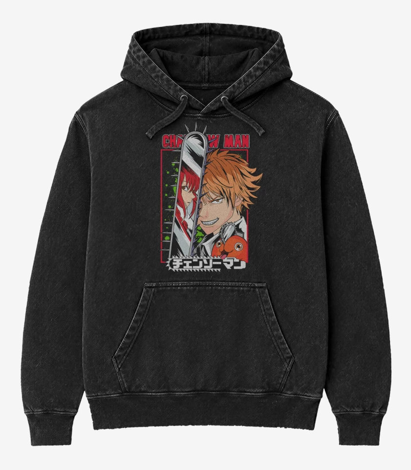 Poleron Canguro Acid Wash Negro de Chain Saw Denji