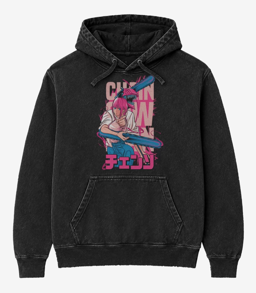 Poleron Canguro Acid Wash Negro de Denji and makima