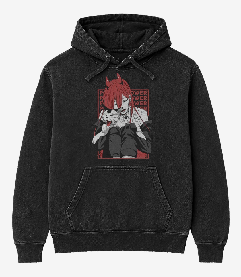 Poleron Canguro Acid Wash Negro de Power cat