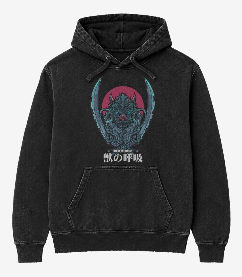 Poleron Canguro Acid Wash Negro de Inosuke respiracion de la bestia