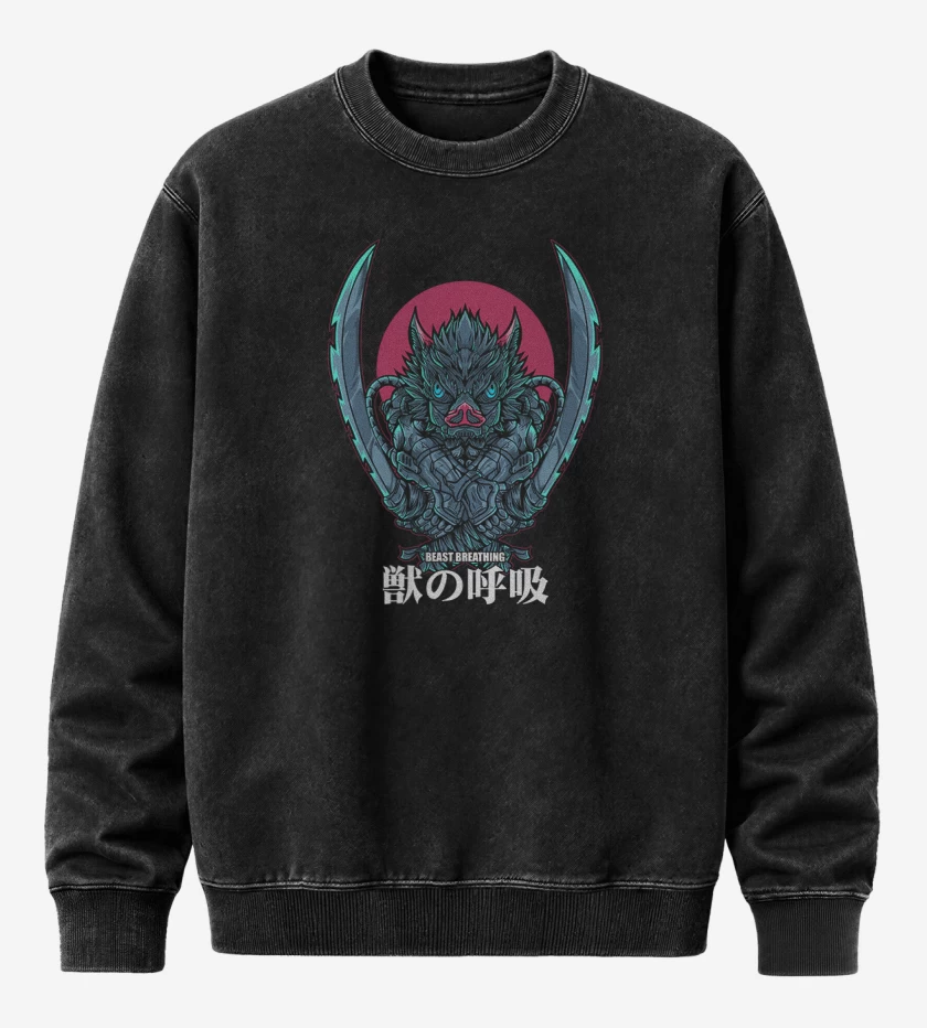 Poleron Polo Acid Wash Negro de Inosuke respiracion de la bestia