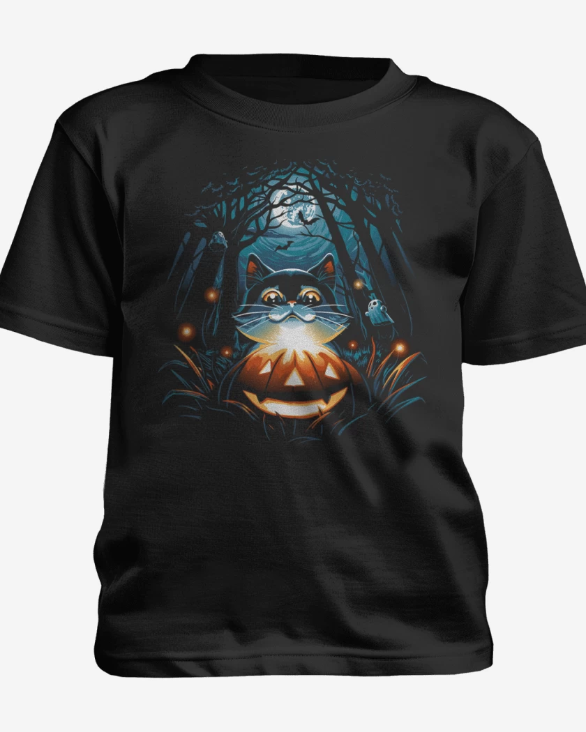 Polera de niño Negro de Gatito Halloween