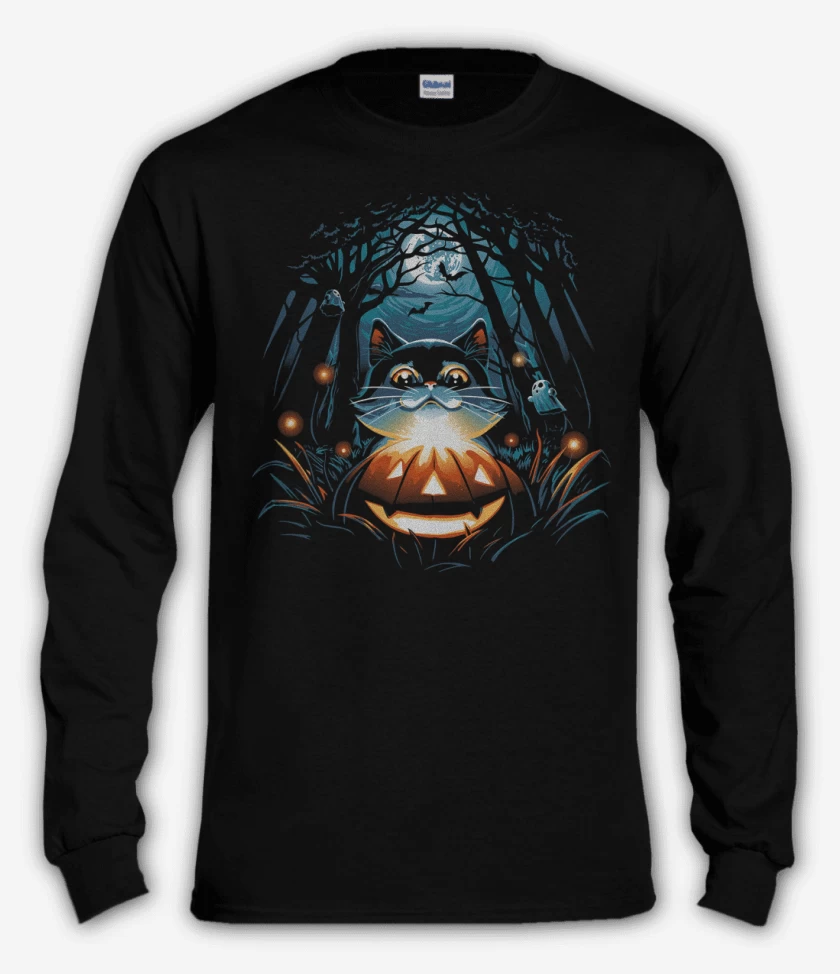 Polera manga larga Negro de Gatito Halloween