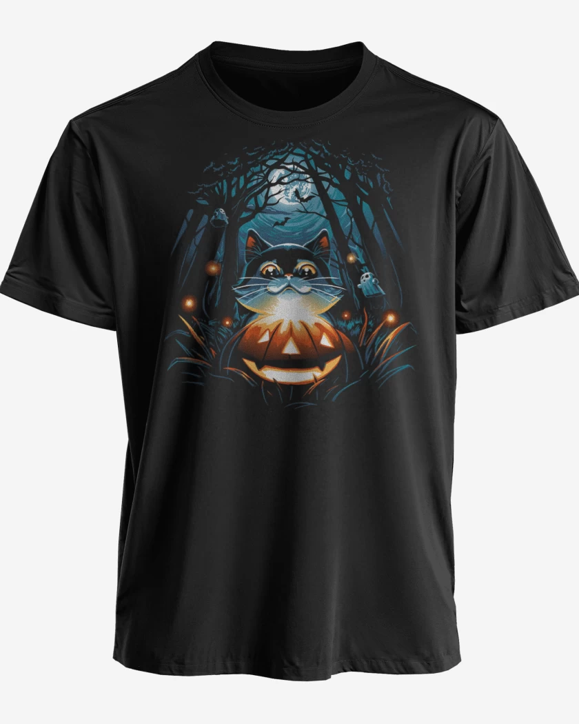 Polera premium Negro de Gatito Halloween