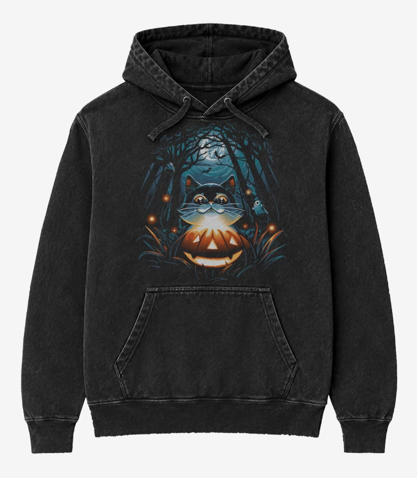 Poleron Canguro Acid Wash Negro de Gatito Halloween