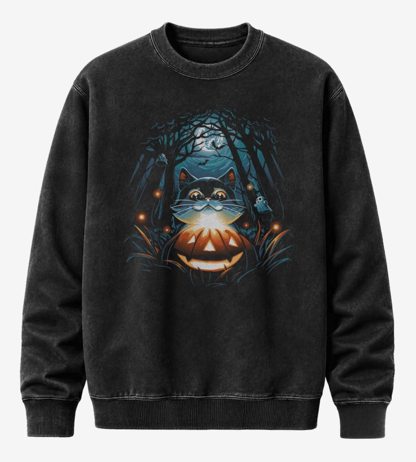 Poleron Polo Acid Wash Negro de Gatito Halloween