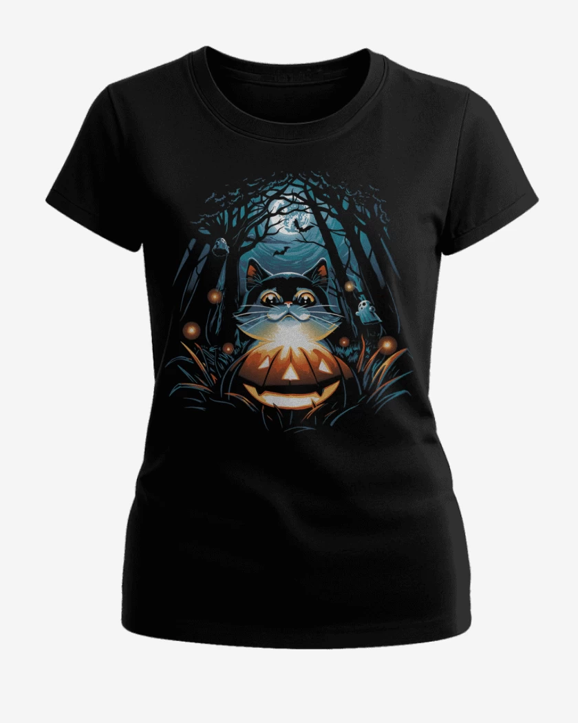 Polera de Mujer Negro de Gatito Halloween