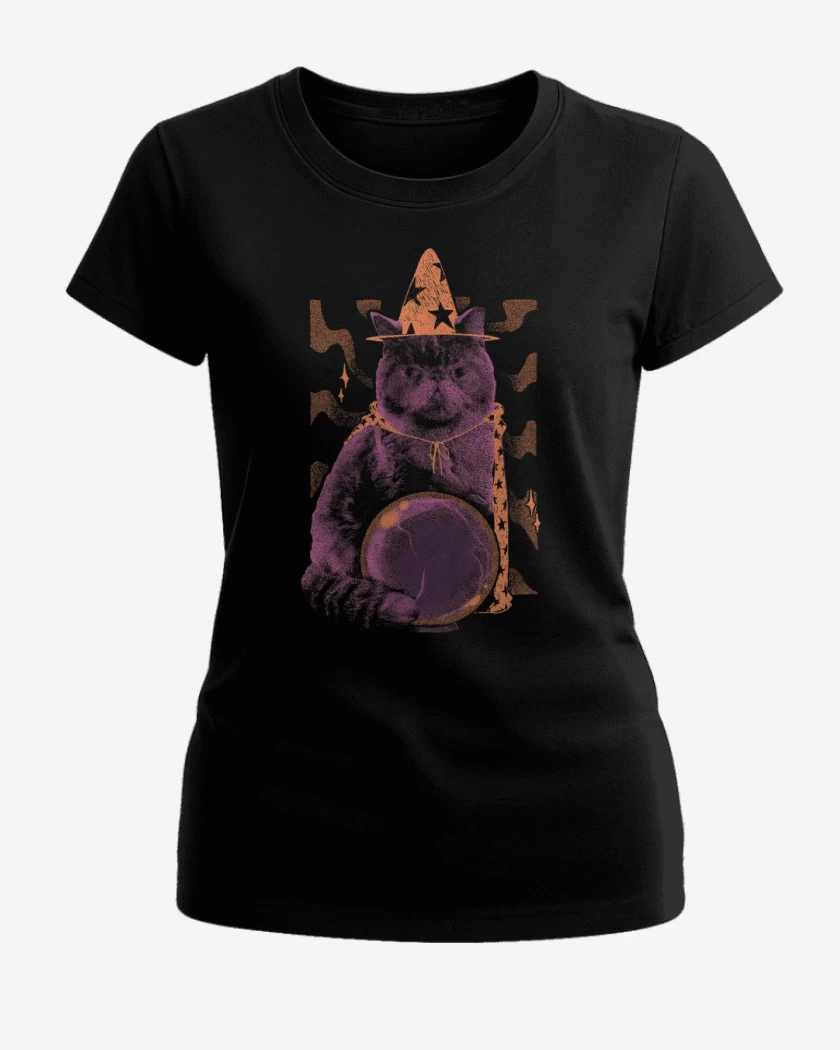Polera de Mujer Negro de Gatito Adivino