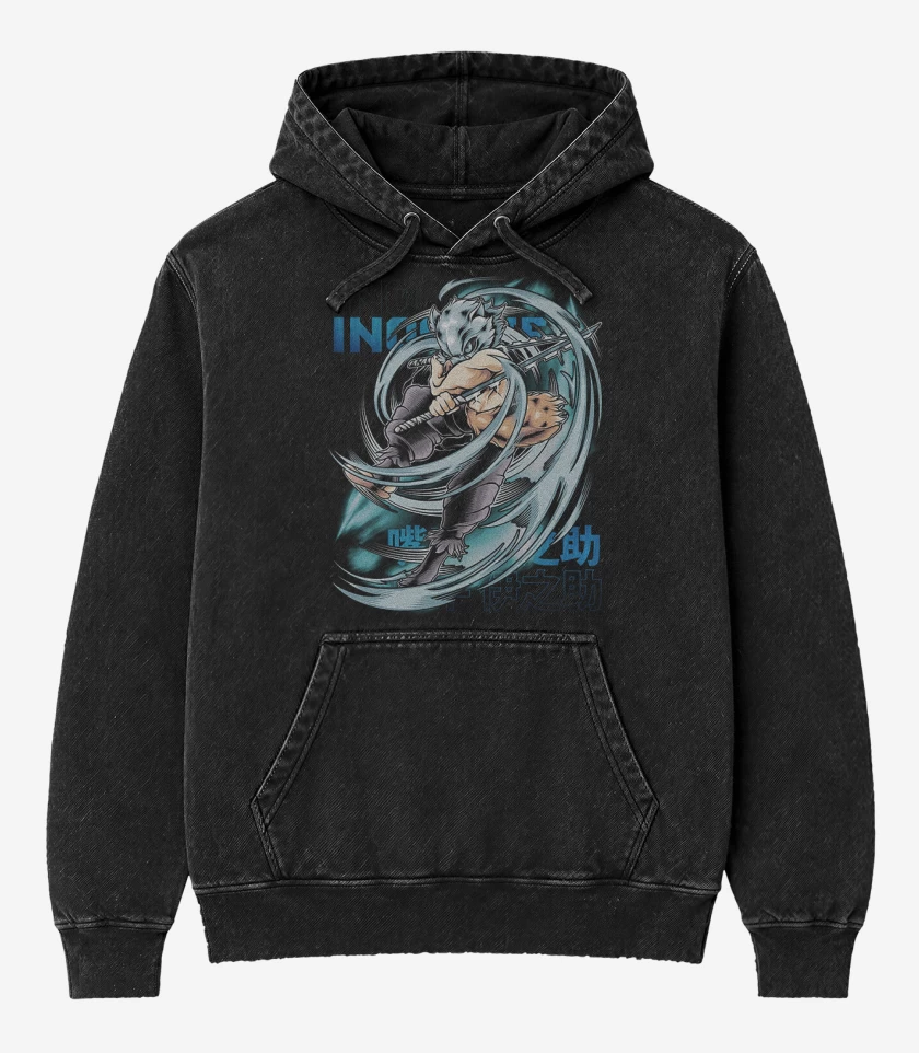 Poleron Canguro Acid Wash Negro de Inosuke hashibira bestia