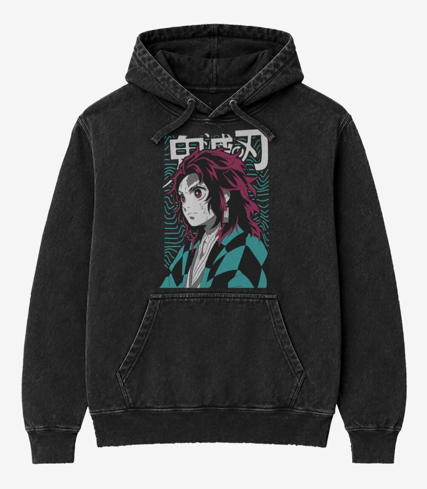 Poleron Canguro Acid Wash Negro de Joven Tanjiro