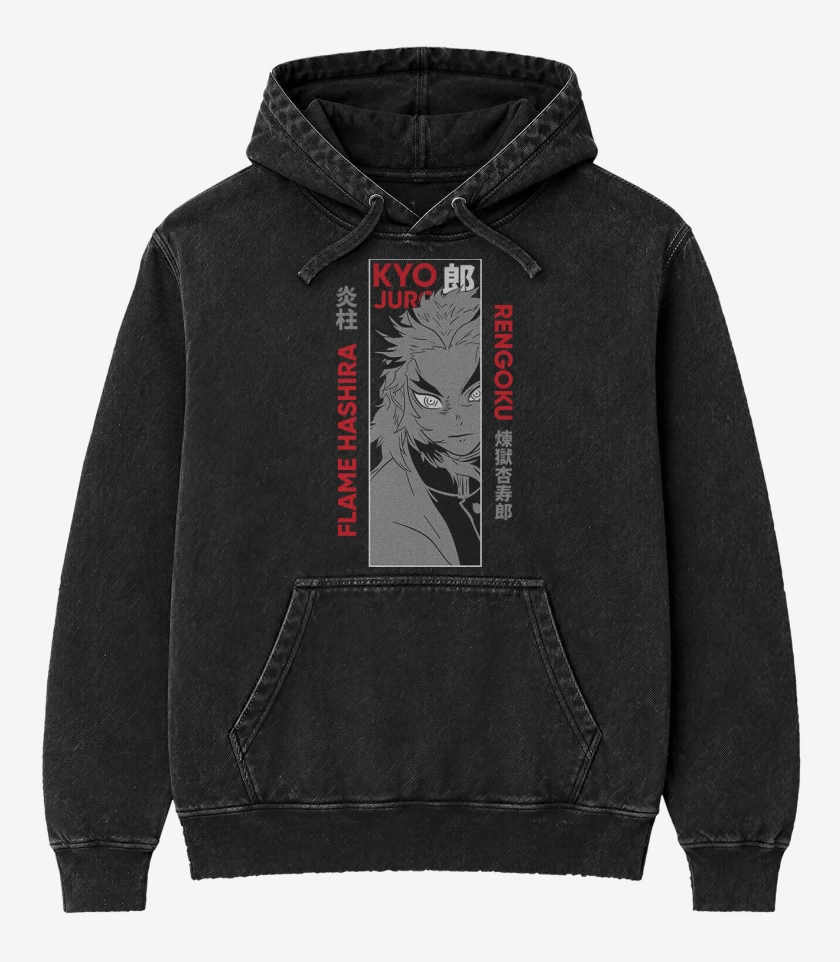 Poleron Canguro Acid Wash Negro de Kyojuro Rengoku 