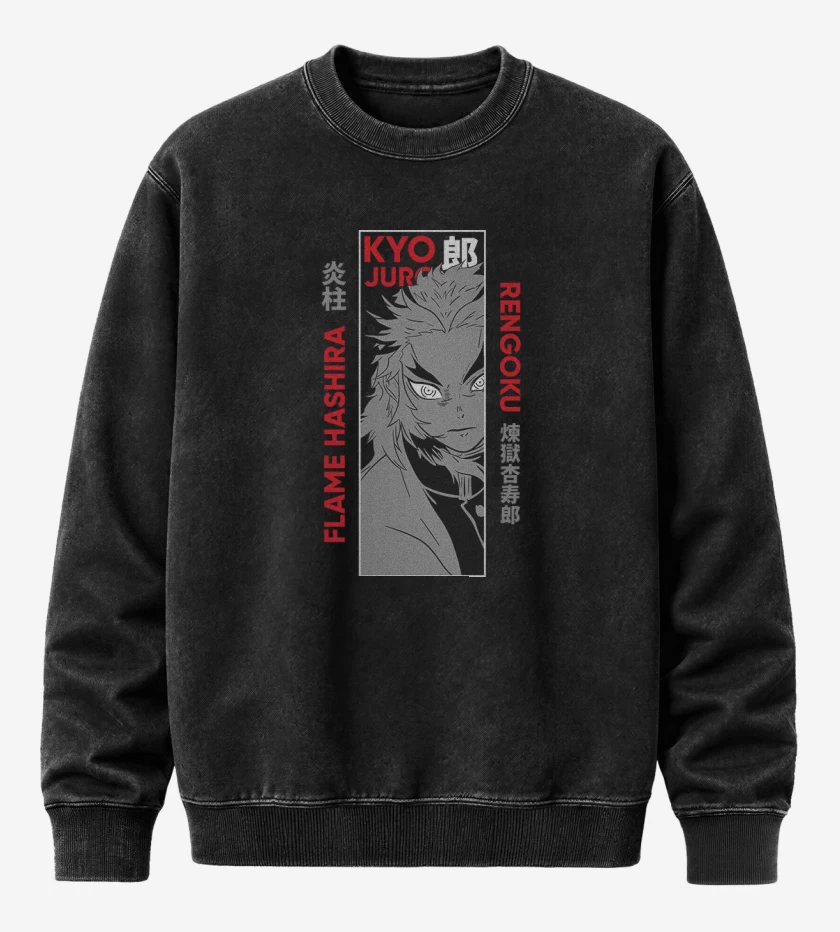 Poleron Polo Acid Wash Negro de Kyojuro Rengoku 