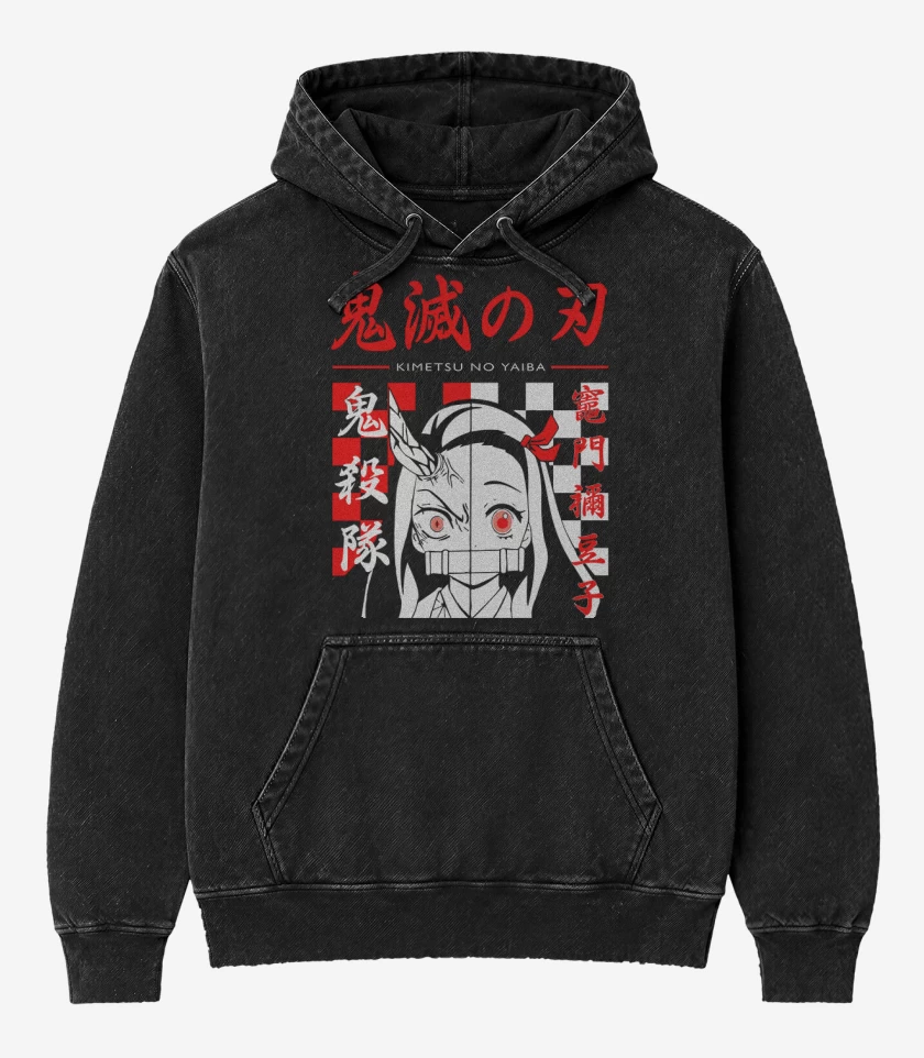 Poleron Canguro Acid Wash Negro de Nezuko demon