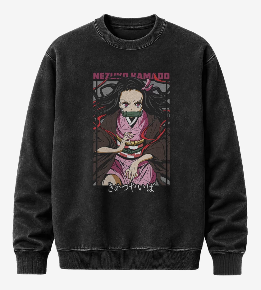 Poleron Polo Acid Wash Negro de Nezuko Kamado demon