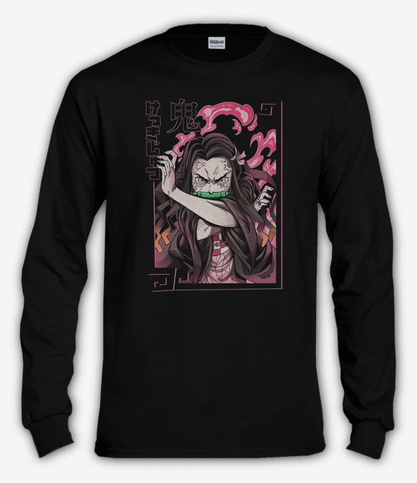Polera manga larga Negro de Nezuko Kimetsu no yaiba