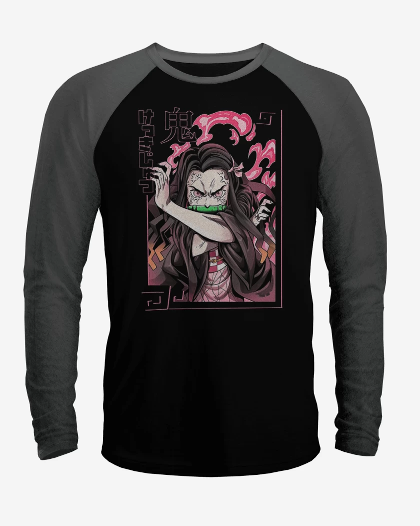 Polera Raglan Negro / Negro Heather de Nezuko Kimetsu no yaiba