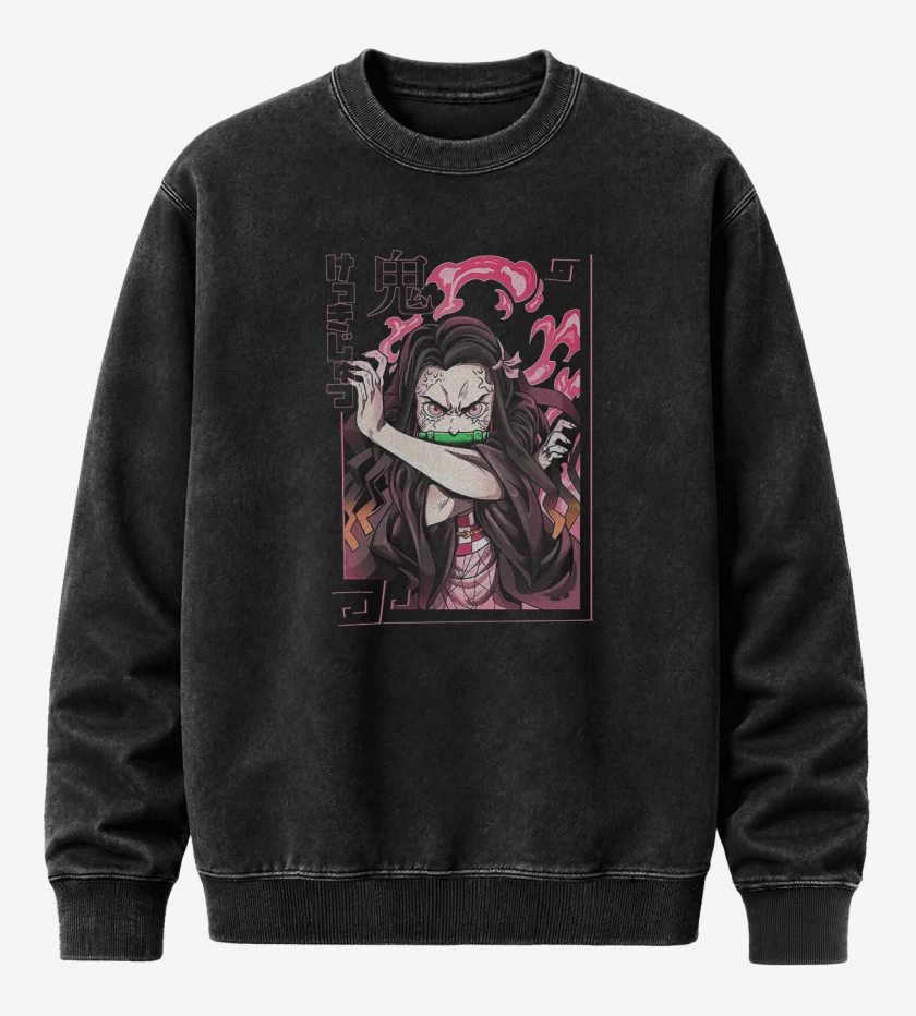 Poleron Polo Acid Wash Negro de Nezuko Kimetsu no yaiba