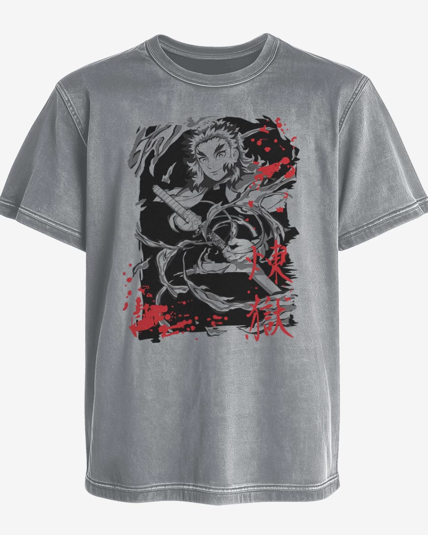 Polera desgastada Gris Melange de Rengoku pilar de fuego