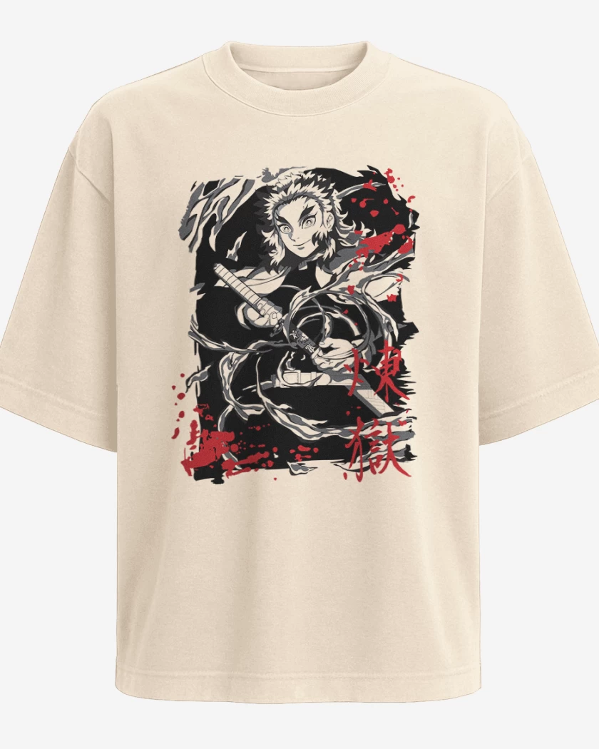 Polera Oversize Beige de Rengoku pilar de fuego