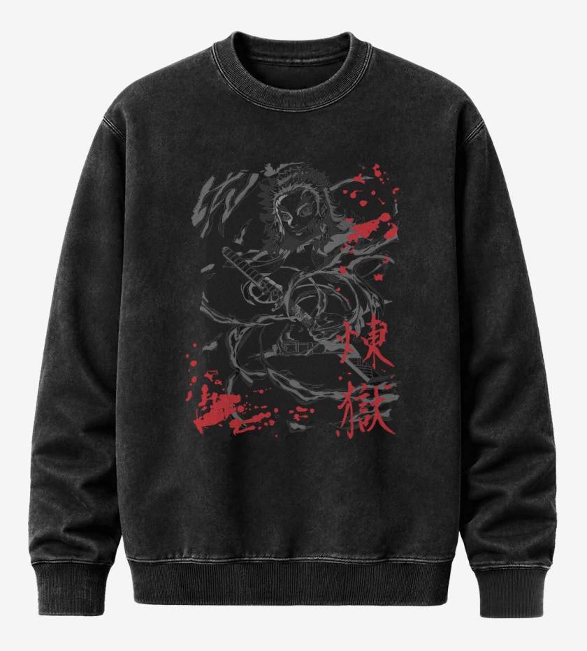 Poleron Polo Acid Wash Negro de Rengoku pilar de fuego