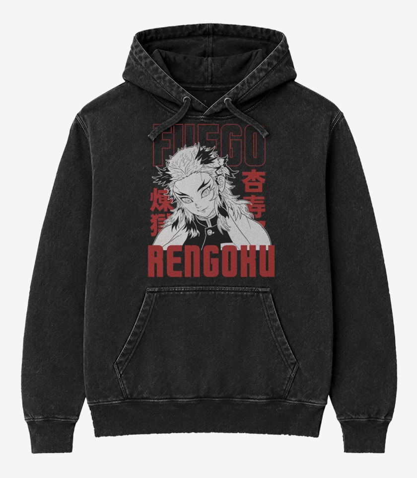 Poleron Canguro Acid Wash Negro de Rengoku Fuego